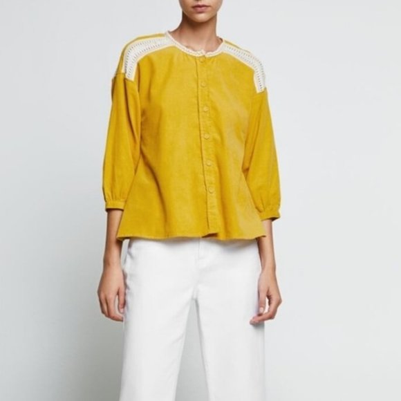 ZARA BASICS Winter Mustard Gold Cotton Corduroy Crochet Button Shirt Blouse Top - Picture 3 of 16